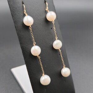 Gold Plated Triple Genuine Pearls Chain Dangle Earrings A6607